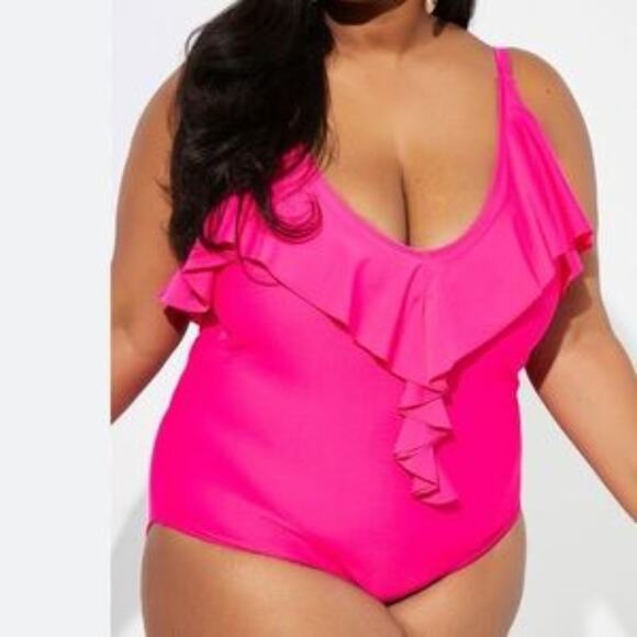 NWT FashionNova Womens Hot Pink Ruffled V-neck 1-PC Swimsuit Plus Size 1X - Picture 1 of 5